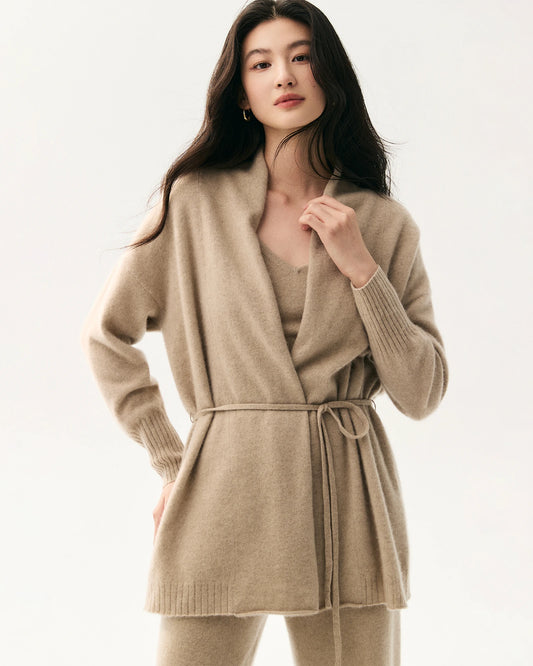 Cardigan aus 100 % Kaschmir mit Schalkragen und Bindegürtel