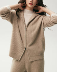 Cardigan aus 100 % Kaschmir mit Rippstrick, Kapuze und Reißverschluss