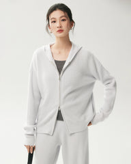 Cardigan aus 100 % Kaschmir mit Rippstrick, Kapuze und Reißverschluss