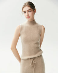 Ärmelloses Kaschmir-Rippstricktop aus 100 % Kaschmir mit Stehkragen