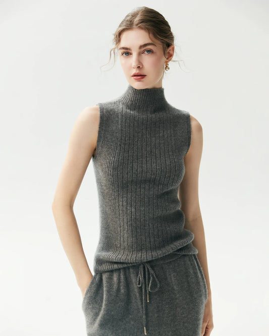 Ärmelloses Kaschmir-Rippstricktop aus 100 % Kaschmir mit Stehkragen