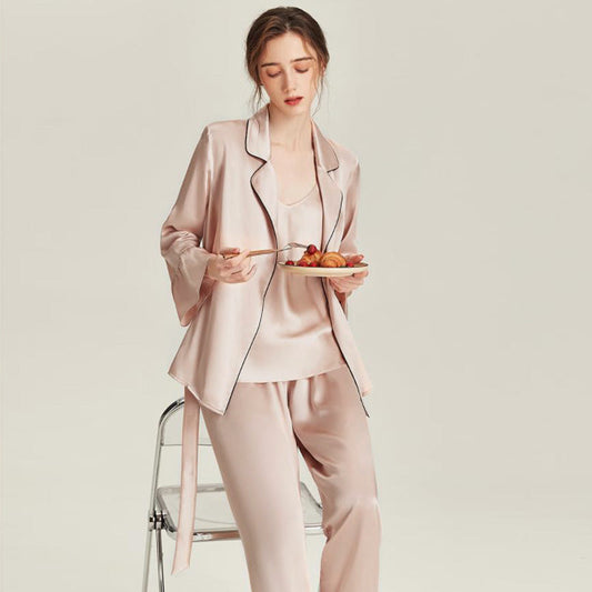 3-teiliges Seiden-Pyjama-Set mit Robe