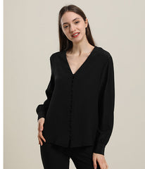 Damen Seidenbluse mit tiefem V-Ausschnitt und langen Ärmeln