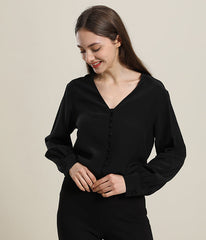 Damen Seidenbluse mit tiefem V-Ausschnitt und langen Ärmeln