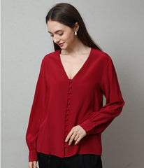 Damen Seidenbluse mit tiefem V-Ausschnitt und langen Ärmeln