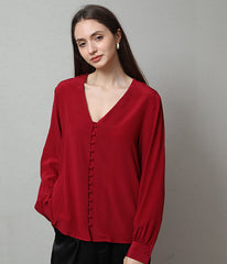 Damen Seidenbluse mit tiefem V-Ausschnitt und langen Ärmeln