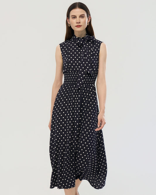 19 Momme Seiden Midi-Kleid mit Polka Dots und Stehkragen