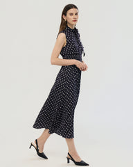 19 Momme Seiden Midi-Kleid mit Polka Dots und Stehkragen