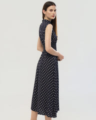 19 Momme Seiden Midi-Kleid mit Polka Dots und Stehkragen