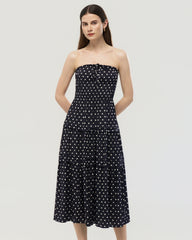 19 Momme Seiden-Midikleid mit Polka-Dots, trägerlos, A-Linie