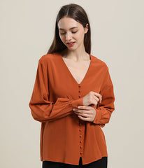 Damen Seidenbluse mit tiefem V-Ausschnitt und langen Ärmeln