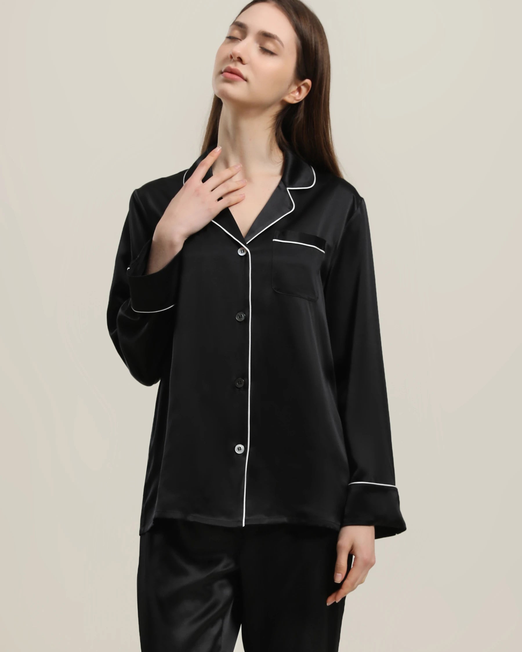 22Momme Klassisches Seiden-Pyjama-Set Black