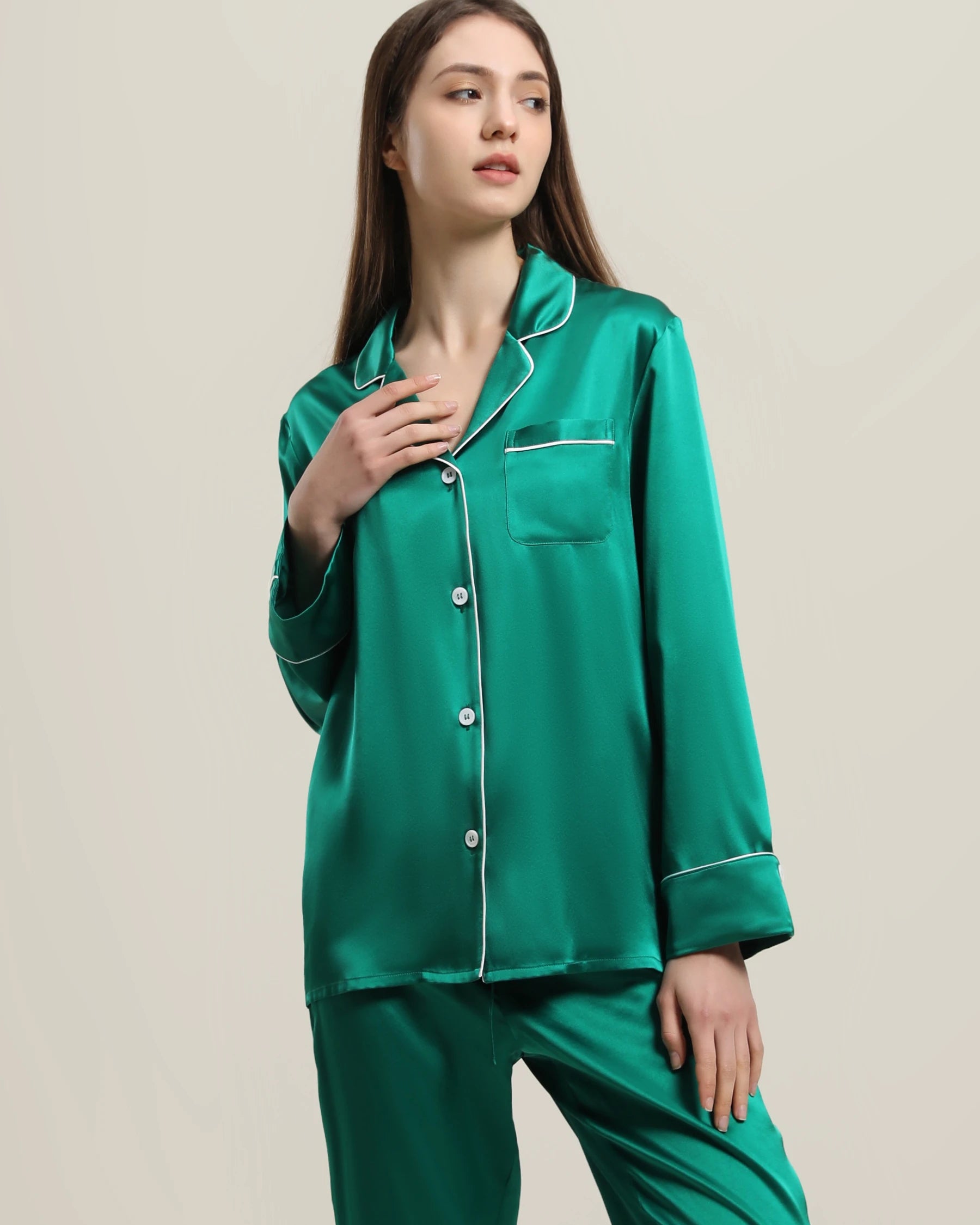 22Momme Klassisches Seiden-Pyjama-Set Dark Green