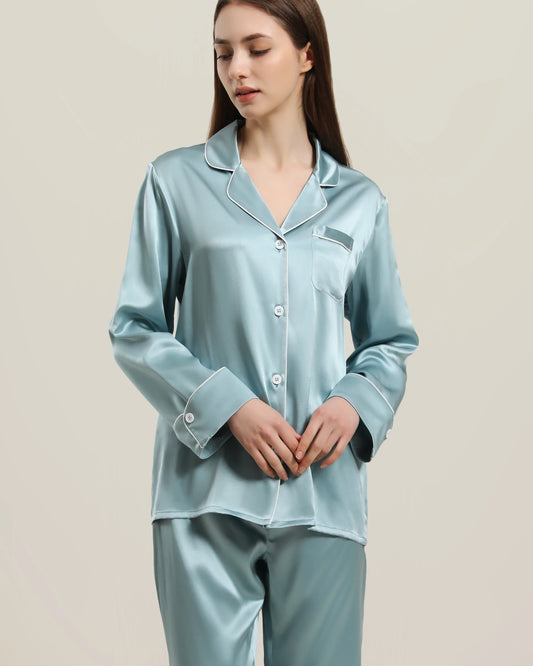 22Momme Klassisches Seiden-Pyjama-Set Haze Blue