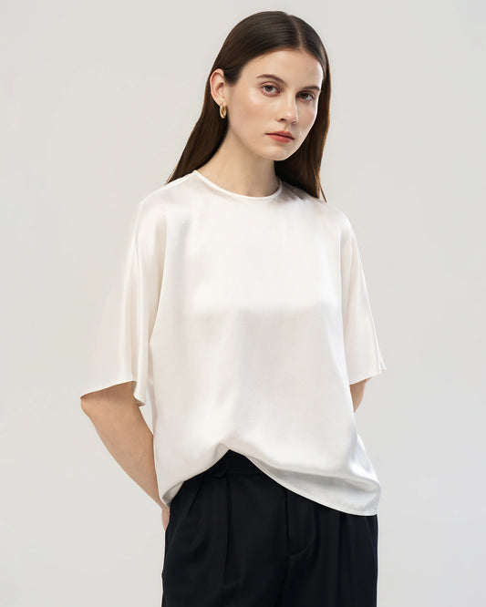 22 Momme Oversized Seiden-Shirt mit Rundhalsausschnitt und Halbarm