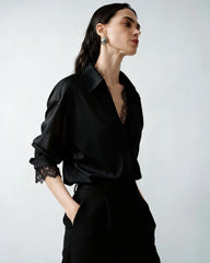 22 Momme Oversize-Seidenhemd mit Spitzenbesatz