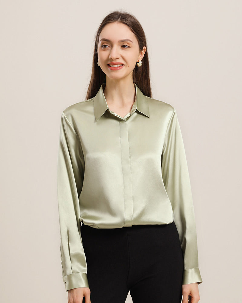 22 Momme Seiden-Bluse mit versteckten Knöpfen Avocado Green