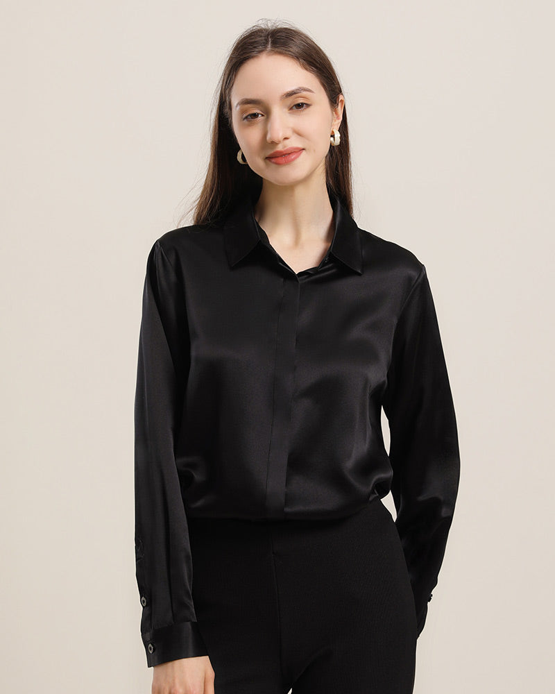 22 Momme Seiden-Bluse mit versteckten Knöpfen Black