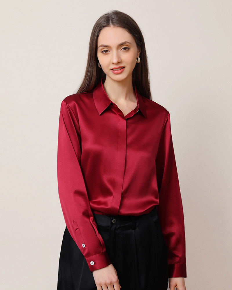 22 Momme Seiden-Bluse mit versteckten Knöpfen Burgundy