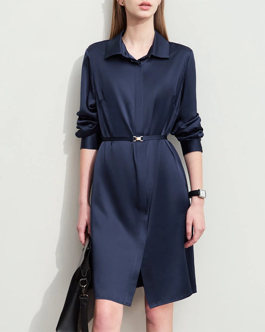 22 Momme Seiden-Midikleid mit Gürtel und langen Ärmeln