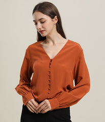 Damen Seidenbluse mit tiefem V-Ausschnitt und langen Ärmeln