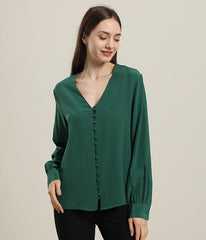 Damen Seidenbluse mit tiefem V-Ausschnitt und langen Ärmeln