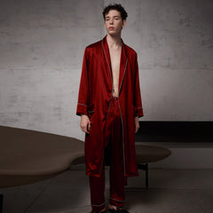 Reine Seiden-Set: Kimono mit Kontrastborte & Gürtel + Hosen