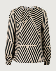 Seidenbluse mit abstraktem Streifenmuster und plissiertem Kragen