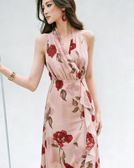 Ärmelloses Seiden-Midi-Kleid mit Rosenmuster