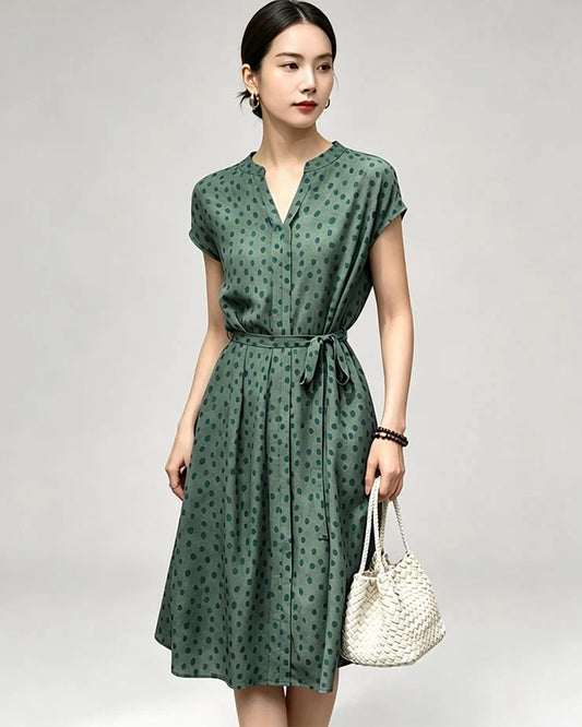 19 Momme Seidenkleid in A-Linie mit Gürtel und Punkten