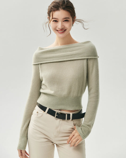 Kaschmir-Seide-Pullover mit Umschlagkragen und Off-Shoulder-Schnitt