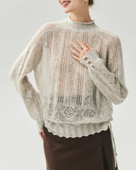 Kaschmir-Seiden-Pullover mit Stehkragen und Lochstrickmuster