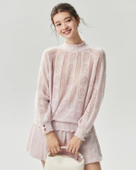 Kaschmir-Seiden-Pullover mit Stehkragen und Lochstrickmuster