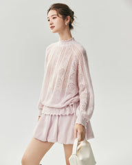 Kaschmir-Seiden-Pullover mit Stehkragen und Lochstrickmuster