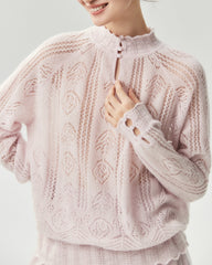 Kaschmir-Seiden-Pullover mit Stehkragen und Lochstrickmuster
