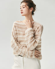 Kaschmir-Seide Open-Knit-Pullover mit Streifen und U-Boot-Ausschnitt
