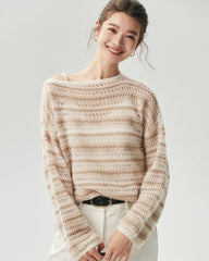 Kaschmir-Seide Open-Knit-Pullover mit Streifen und U-Boot-Ausschnitt