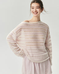 Kaschmir-Seide Open-Knit-Pullover mit Streifen und U-Boot-Ausschnitt