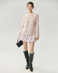 Kaschmir-Seide Open-Knit-Pullover mit Streifen und U-Boot-Ausschnitt