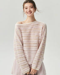 Kaschmir-Seide Open-Knit-Pullover mit Streifen und U-Boot-Ausschnitt