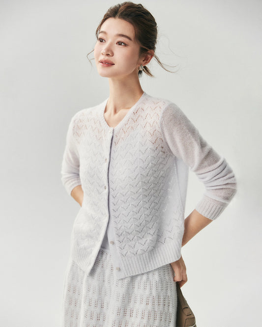 Kaschmir-Seide-Cardigan mit Pointelle-Zopfmuster