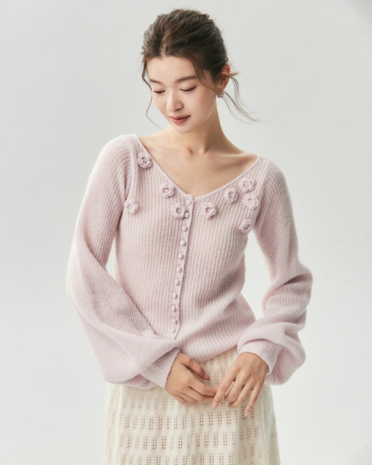 Kaschmir-Seide-Cardigan mit Rippenstrick, V-Ausschnitt und Blumenmuster
