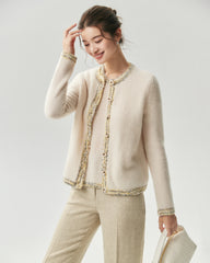 Kaschmir-Seide-Stricktop und Cardigan mit Tweed-Besatz
