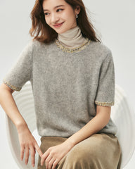 Kaschmir-Seide-Stricktop und Cardigan mit Tweed-Besatz