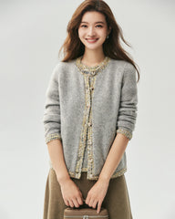 Kaschmir-Seide-Stricktop und Cardigan mit Tweed-Besatz