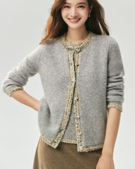 Kaschmir-Seide-Stricktop und Cardigan mit Tweed-Besatz