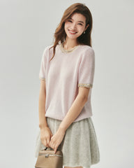Kaschmir-Seide-Stricktop und Cardigan mit Tweed-Besatz