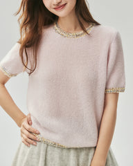 Kaschmir-Seide-Stricktop und Cardigan mit Tweed-Besatz