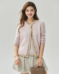 Kaschmir-Seide-Stricktop und Cardigan mit Tweed-Besatz