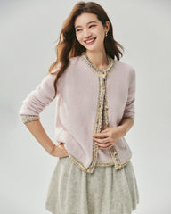 Kaschmir-Seide-Stricktop und Cardigan mit Tweed-Besatz